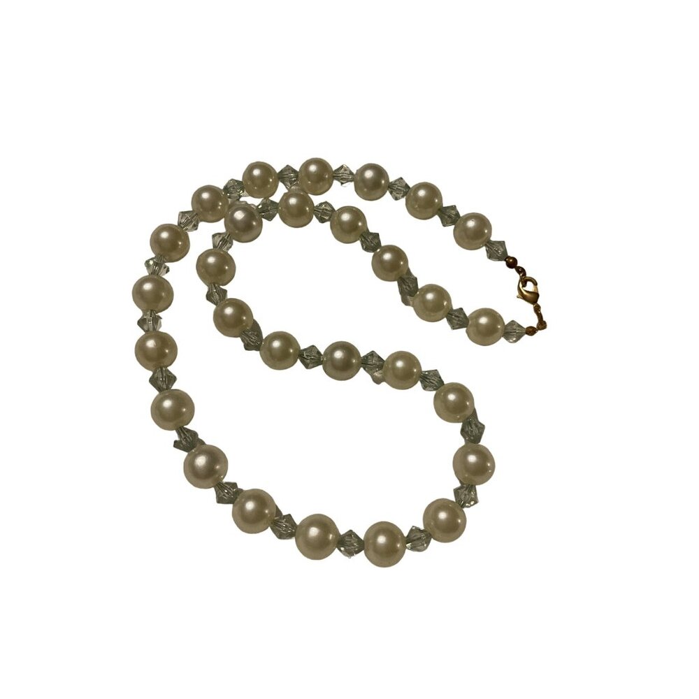 Vintage Faux Pearl & Crystal Bead Necklace With Gold Clasp